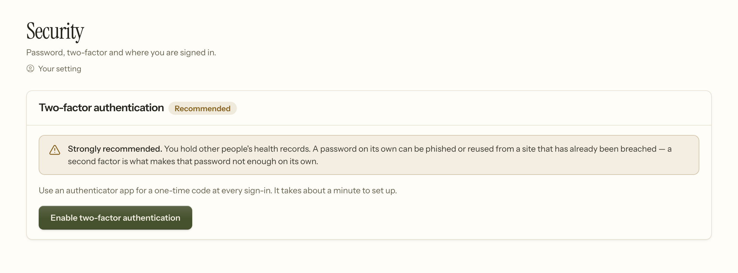 The security screen: a card for changing your password, and a card for two-factor authentication