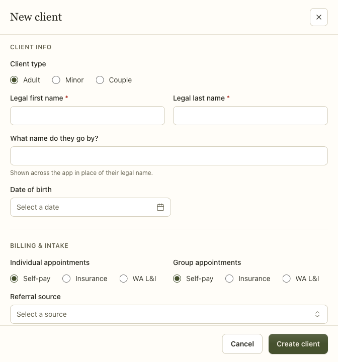 The New client form, showing client type, name fields, date of birth, and billing setup