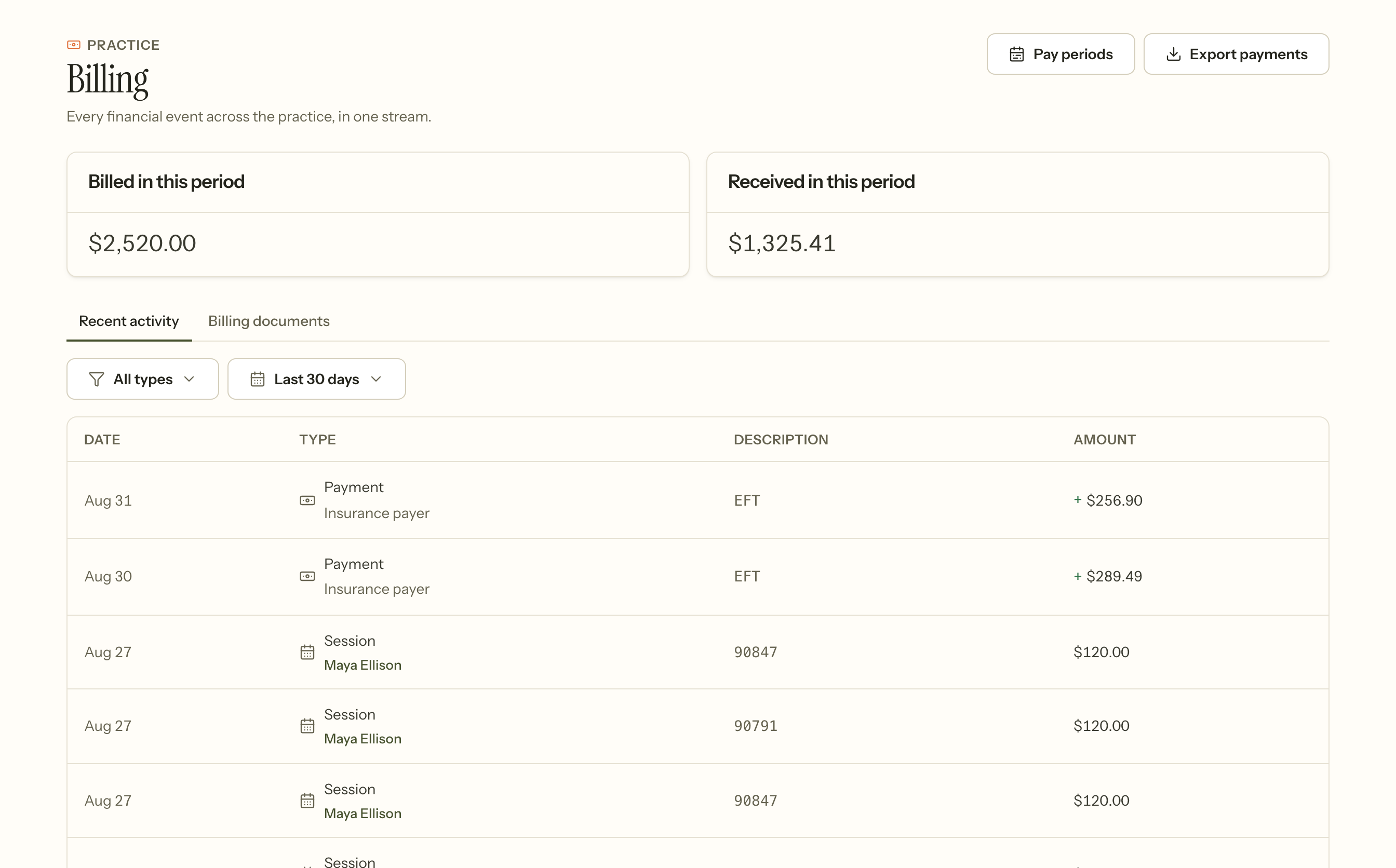 The billing screen: what was billed and what was received in the period, then a single stream of events — insurance payments alongside sessions with their service codes and fees