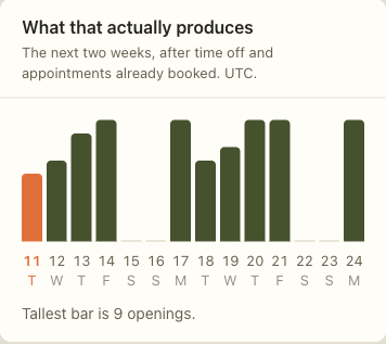 The fortnight chart: a bar per day, weekends flat, today marked, and the scale stated underneath