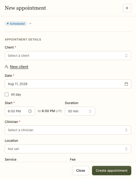 The New appointment form: client, date, start time, duration, clinician, location, service and fee