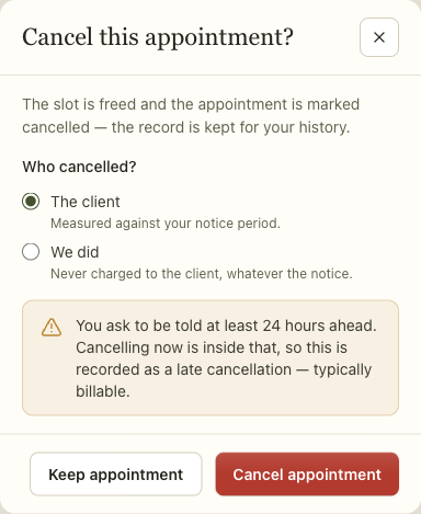 The cancellation dialog: a choice between the client cancelling and the practice cancelling, and a warning that this one falls inside the notice period