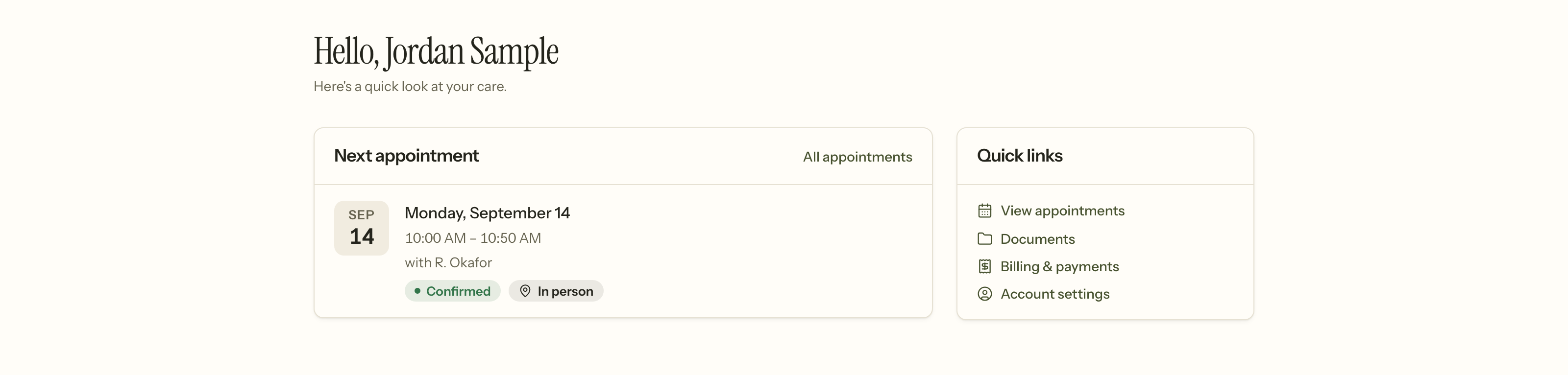 The client portal after signing in: a greeting, their next appointment with its date, time, clinician and status, and quick links to appointments, documents, billing and account settings
