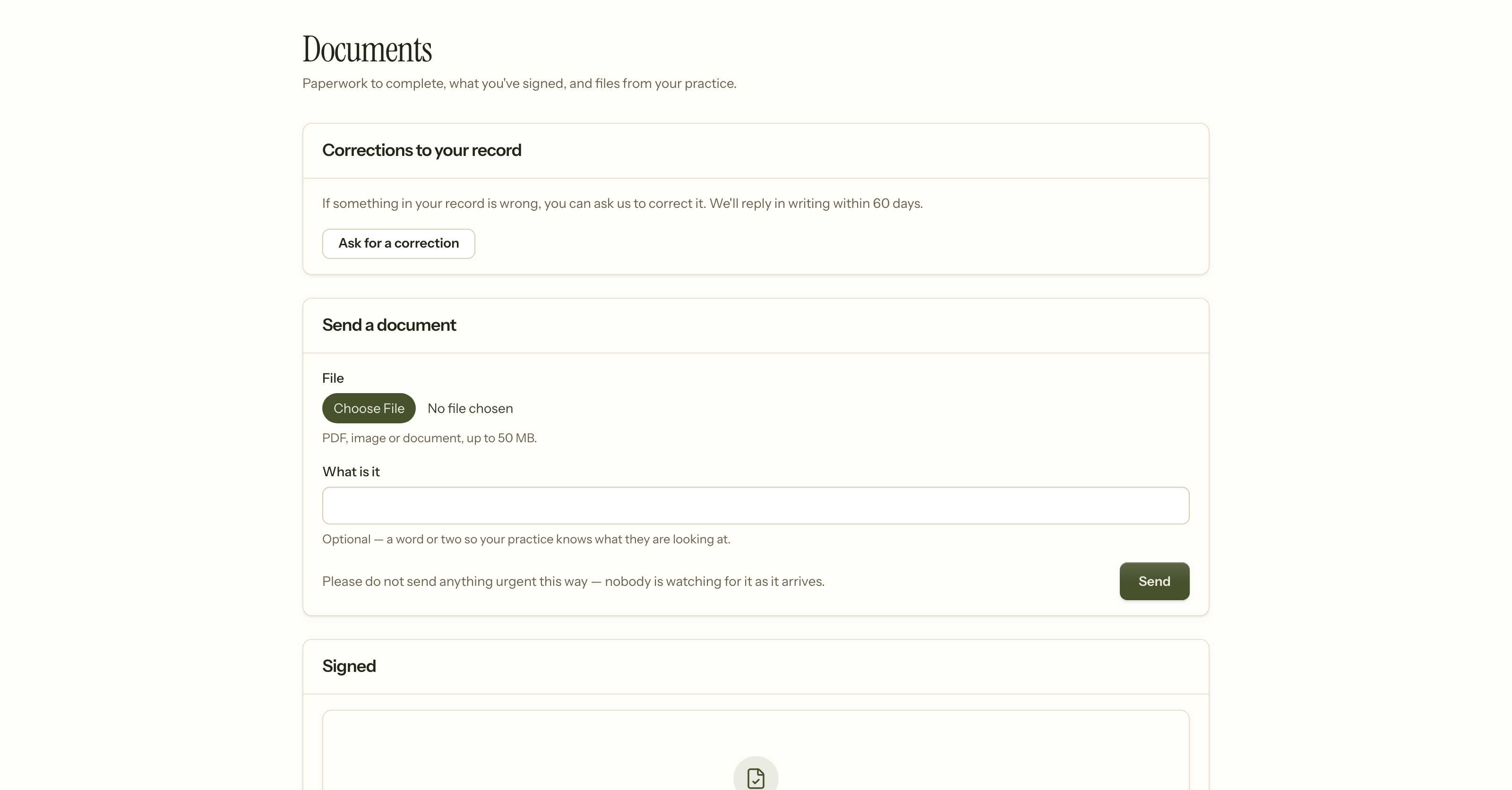 The portal's Documents page: a panel offering to ask for a correction with a reply promised in writing within 60 days, a form for sending a file to the practice, and a list of what they have signed