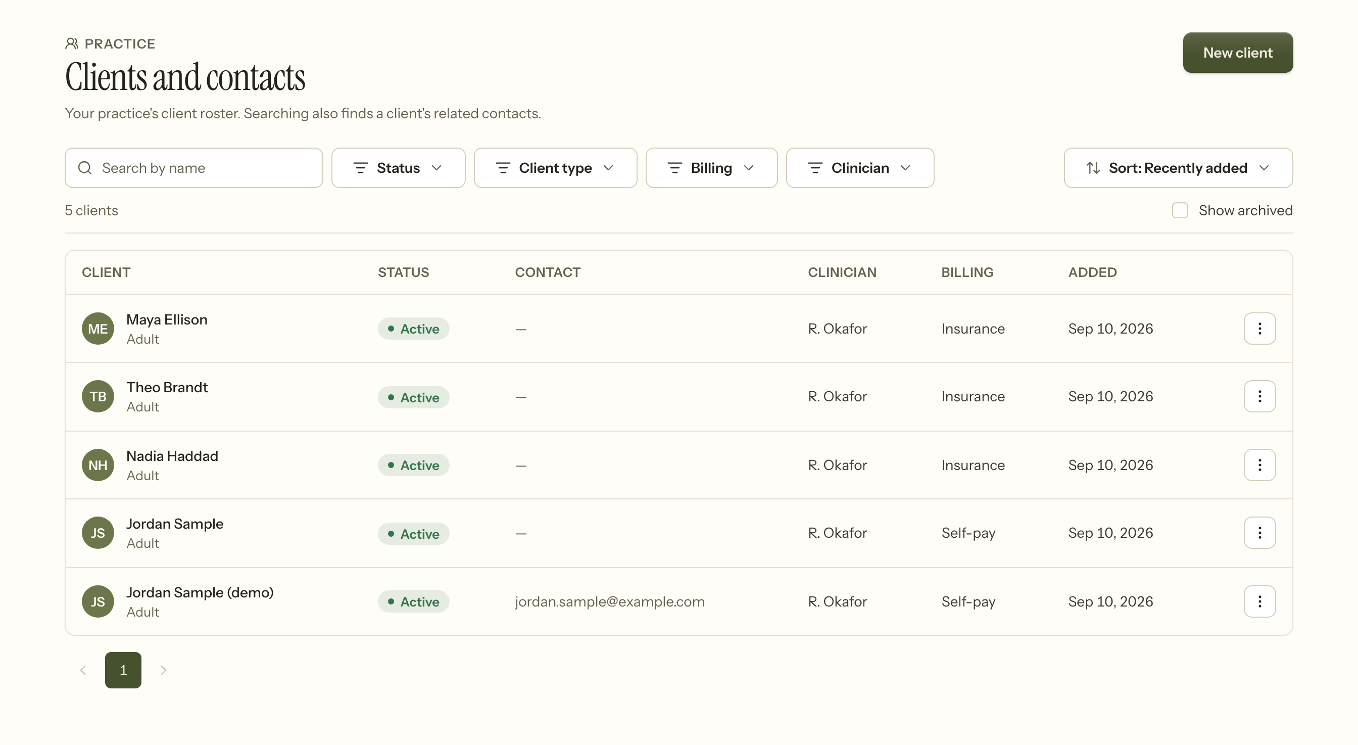 The client roster: search by name, filters for status, client type, billing and clinician, and one row per client showing their status, contact, clinician and billing type