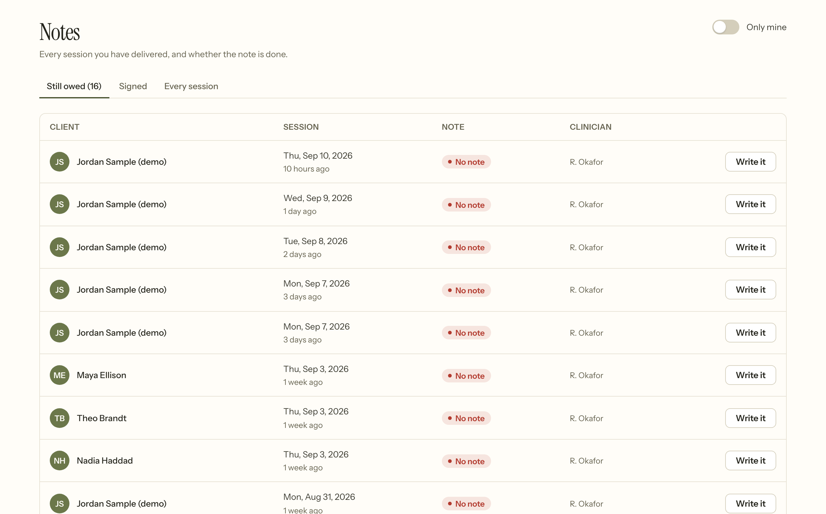 The notes screen filtered to Owed: completed sessions with no signed note, each showing the client, the session and how long it has been outstanding