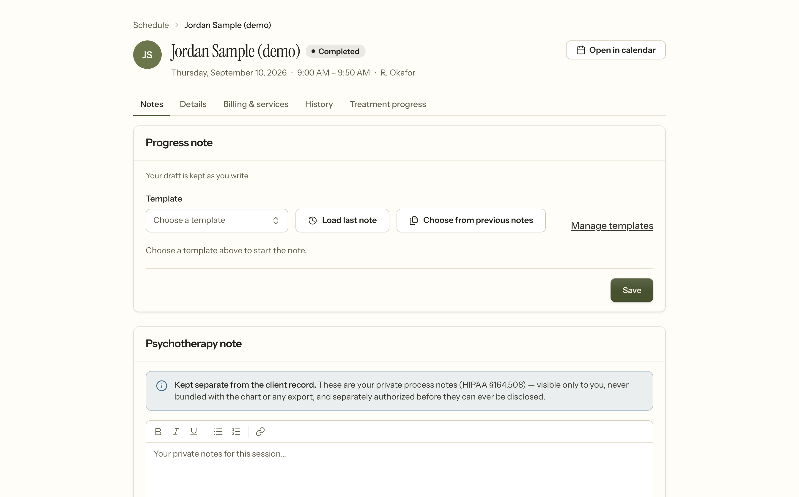 A completed session, showing the tabs for notes, details, billing, history and treatment progress, with the progress note panel open above the psychotherapy note