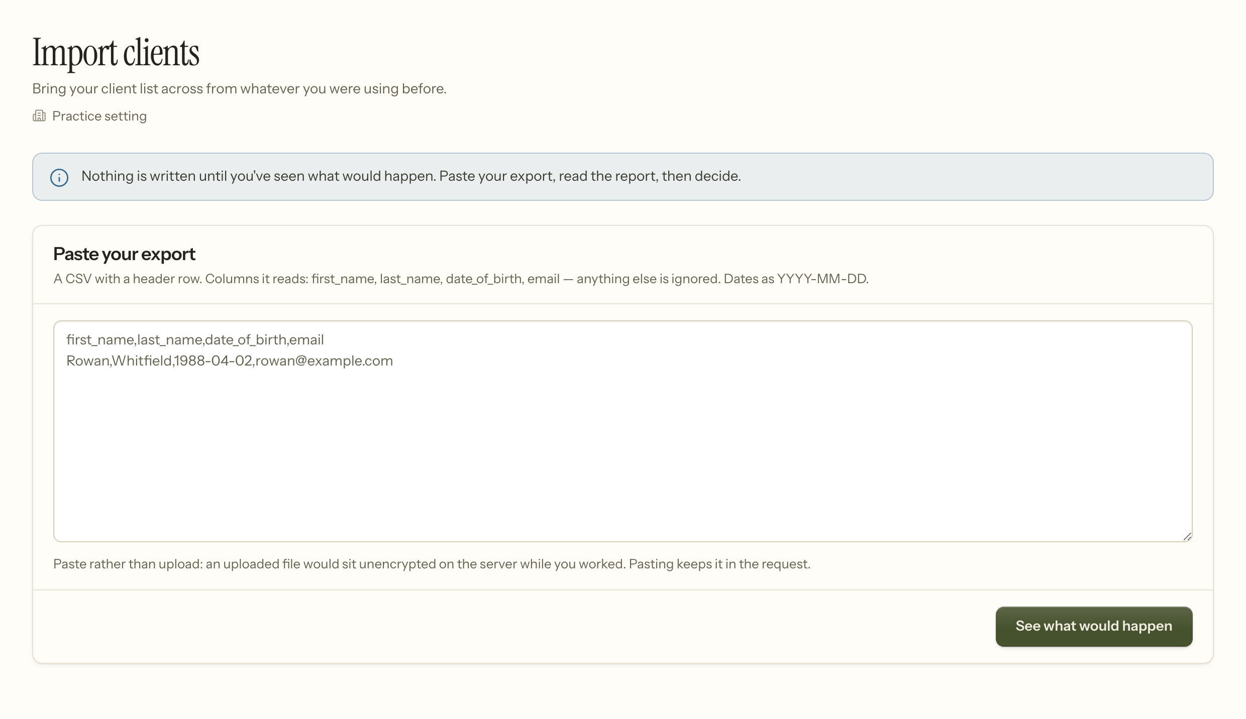 The client import screen: paste an export, and read a report of what would happen before anything is written