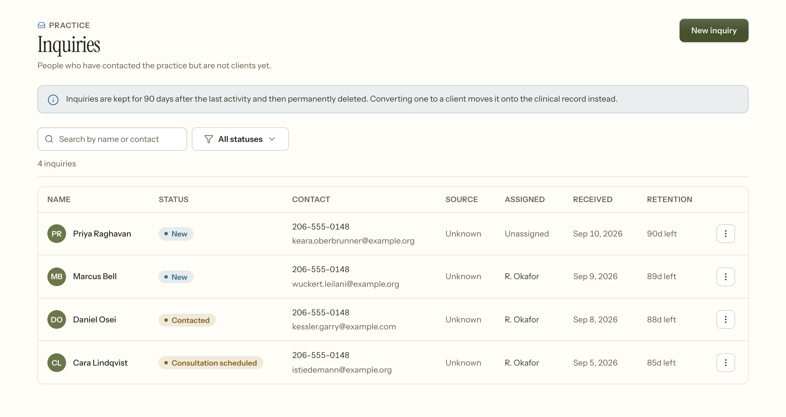 The Inquiries screen: four people with their status, contact details, who they are assigned to, and when they arrived