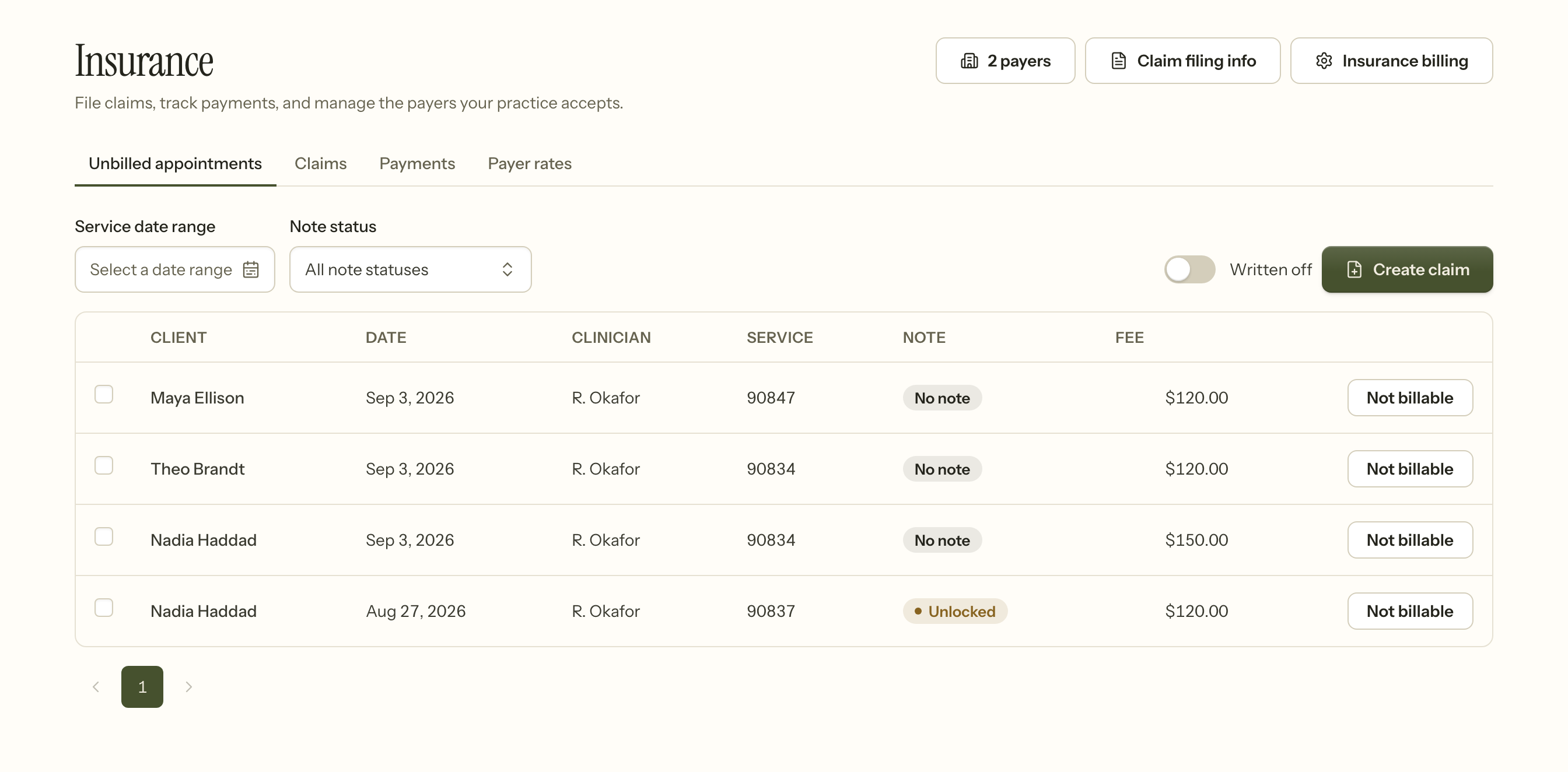 The insurance screen showing unbilled appointments: each with the client, date, clinician, service code, note status and fee, ready to be turned into a claim