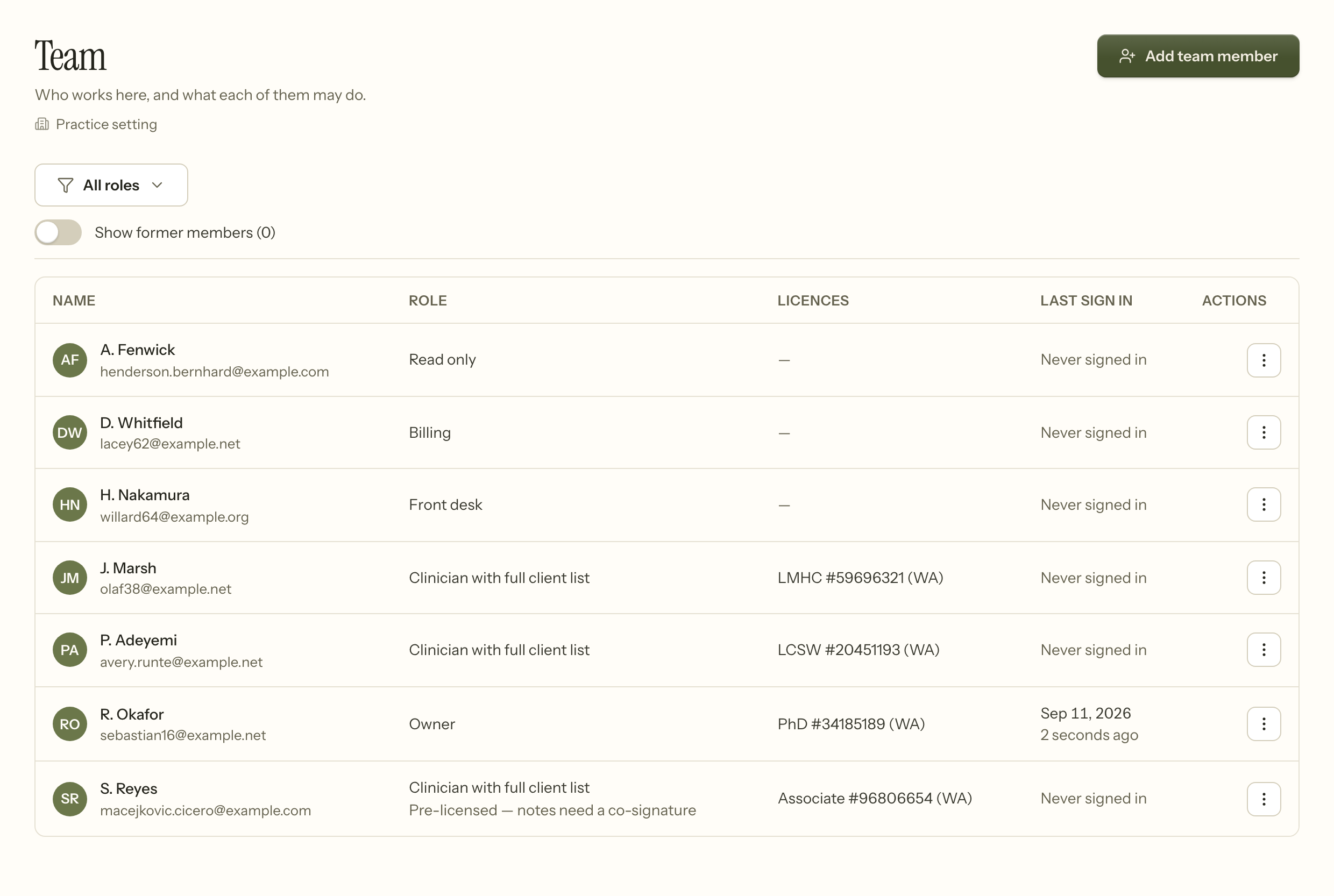 The Team screen: six people with their role, their licences, and when each last signed in