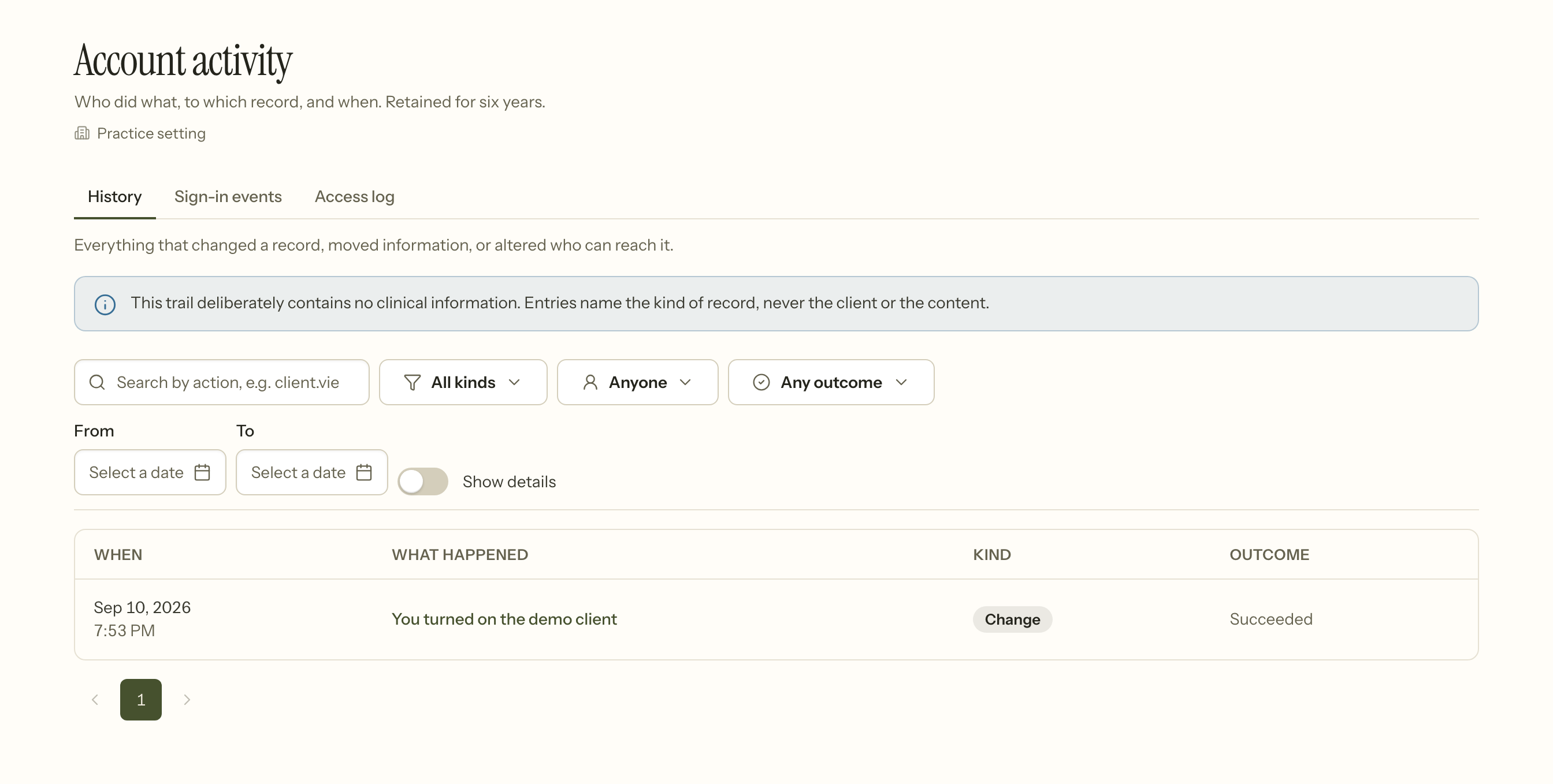 Account activity: History, Sign-in events and Access log, with filters for kind, person, outcome and date range