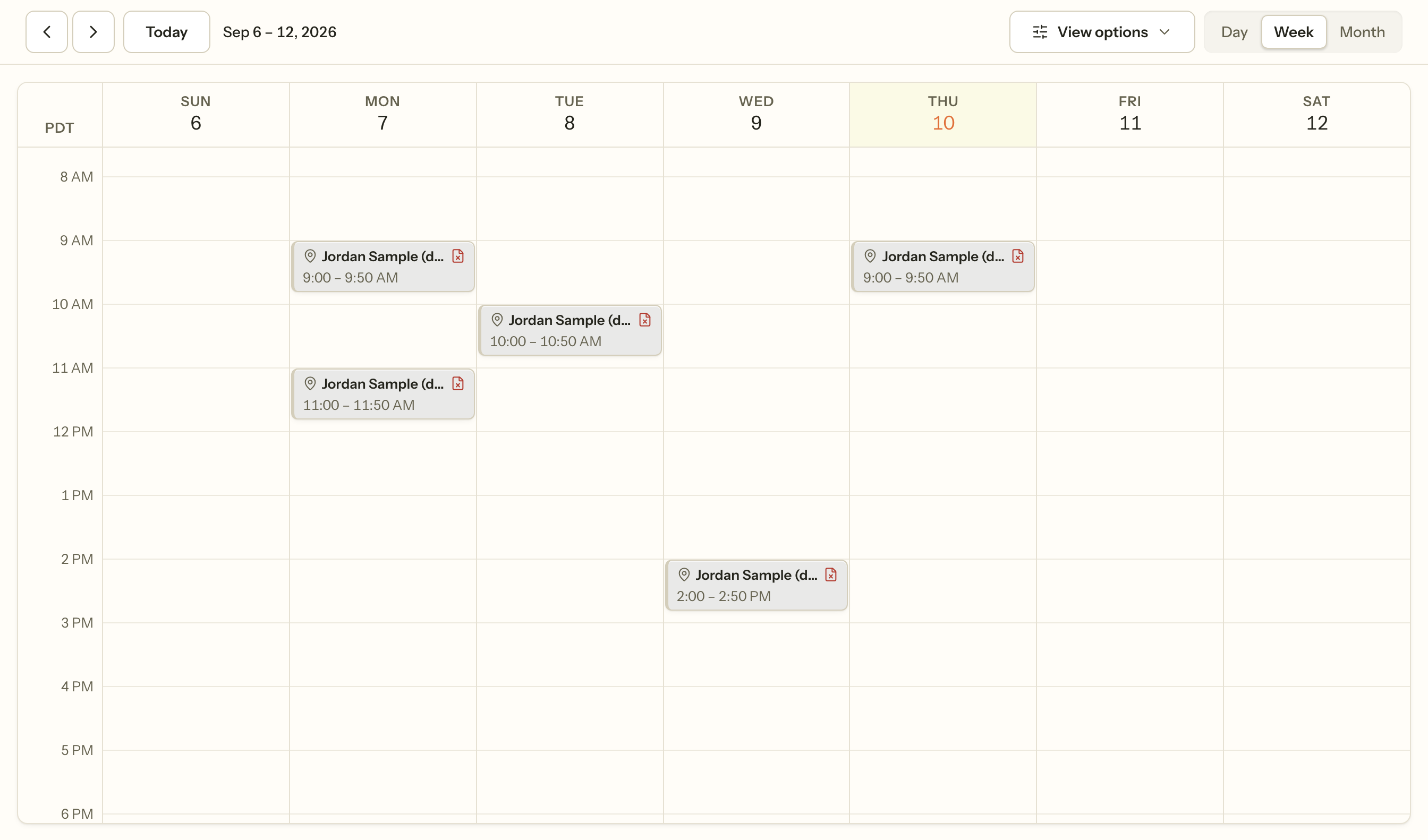 A week in the calendar: five sessions across Monday to Thursday, each showing the client and the time, with a marker on the ones that still owe the chart a note